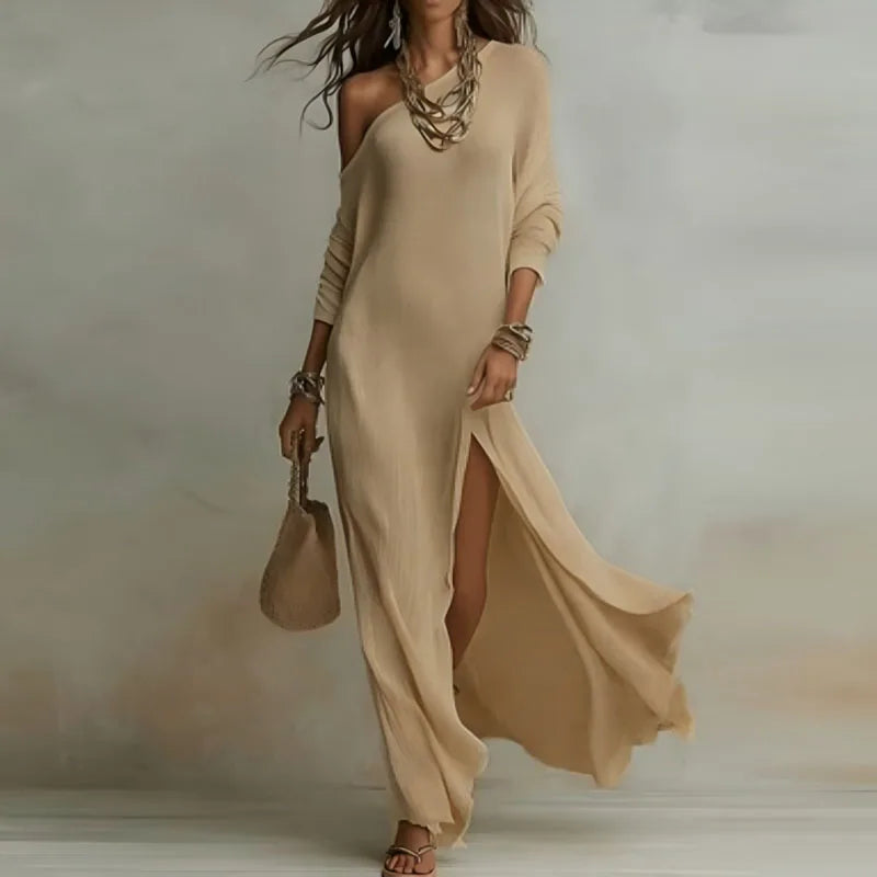 Women’s One-Shoulder Long Sleeve Split Maxi Dress – Sexy Bohemian Skew Collar Elegant Holiday Slim Fit Dress