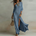 Women’s One-Shoulder Split Maxi Dress – Sexy Bohemian Skew Collar Long Sleeve Holiday Dress