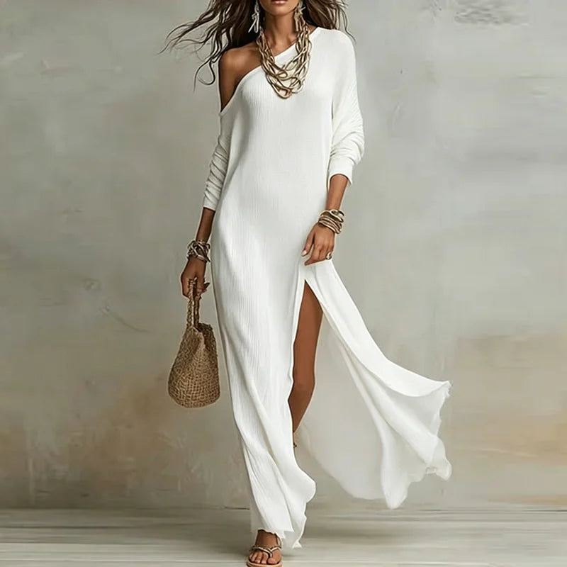 Women’s One-Shoulder Long Sleeve Split Maxi Dress – Sexy Bohemian Skew Collar Elegant Holiday Slim Fit Dress