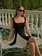 Women’s Contrast Binding Square Neck Sleeveless Mini Dress – Elegant Vacation Party Short Dress with Invisible Zipper