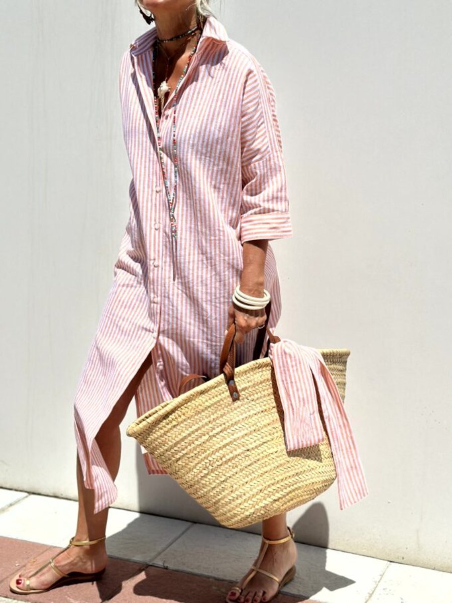 Striped Shirt Dress with Button Front, Casual Dress