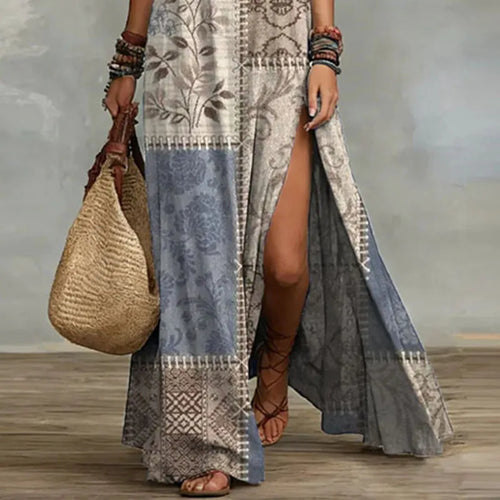 Boho Halter Maxi Dress with Vintage Patchwork Print