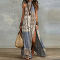 Boho Halter Maxi Dress with Vintage Patchwork Print