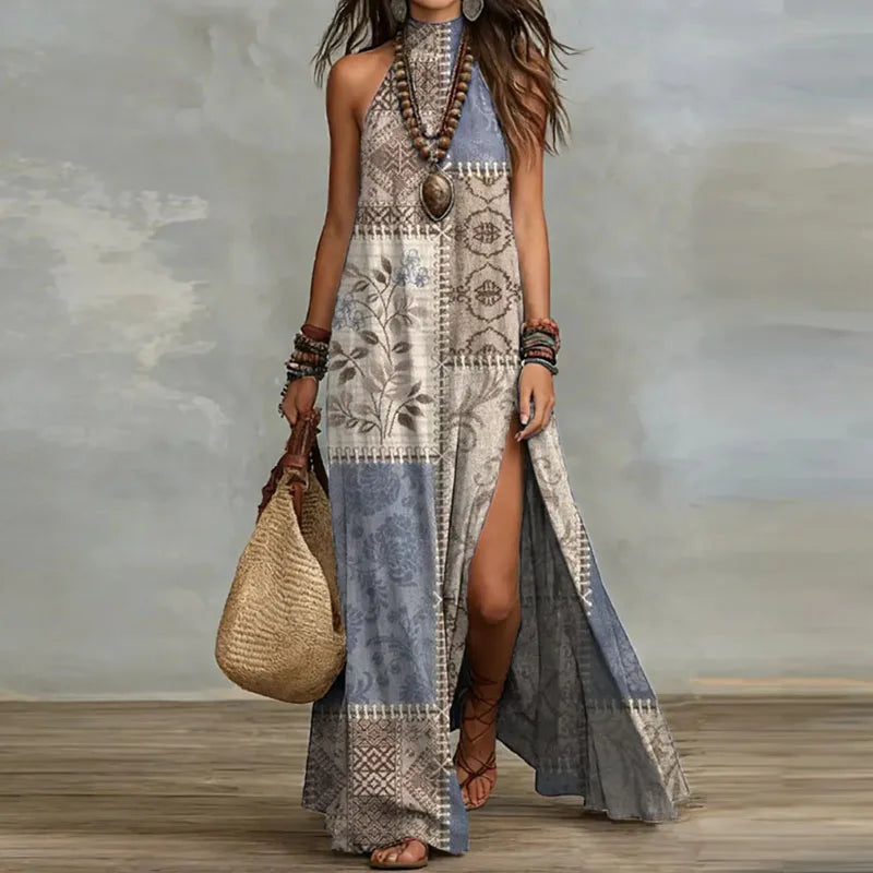 Women’s Summer Boho Halter Maxi Dress – Vintage Patchwork Print Sleeveless High Slit Ethnic Sundress