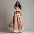 Women’s Summer V-Neck Sleeveless Crop Top & Wide Leg Pants Set – Cotton Linen 2-Piece Vacation Outfit
