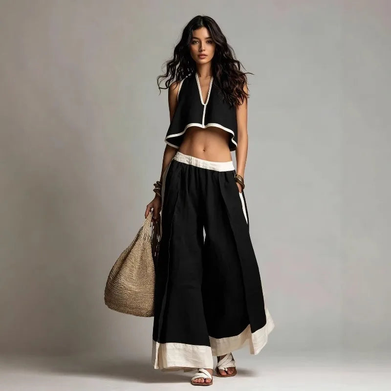 Women’s Summer V-Neck Sleeveless Crop Top & Wide Leg Pants Set – Cotton Linen 2-Piece Vacation Outfit