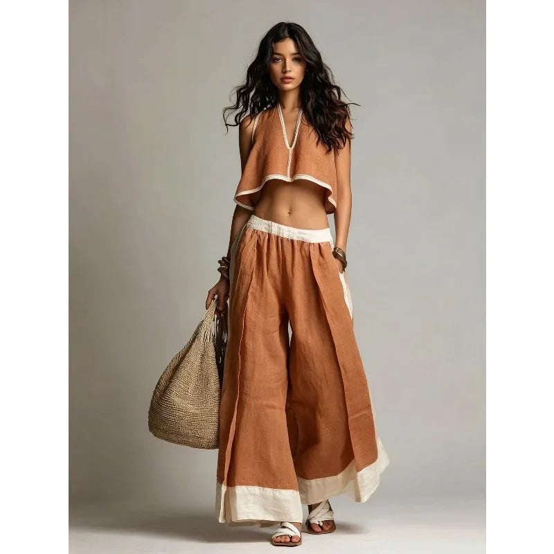 Women’s Summer V-Neck Sleeveless Crop Top & Wide Leg Pants Set – Cotton Linen 2-Piece Vacation Outfit