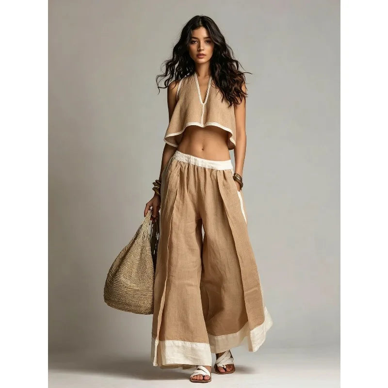 Women’s Summer V-Neck Sleeveless Crop Top & Wide Leg Pants Set – Cotton Linen 2-Piece Vacation Outfit