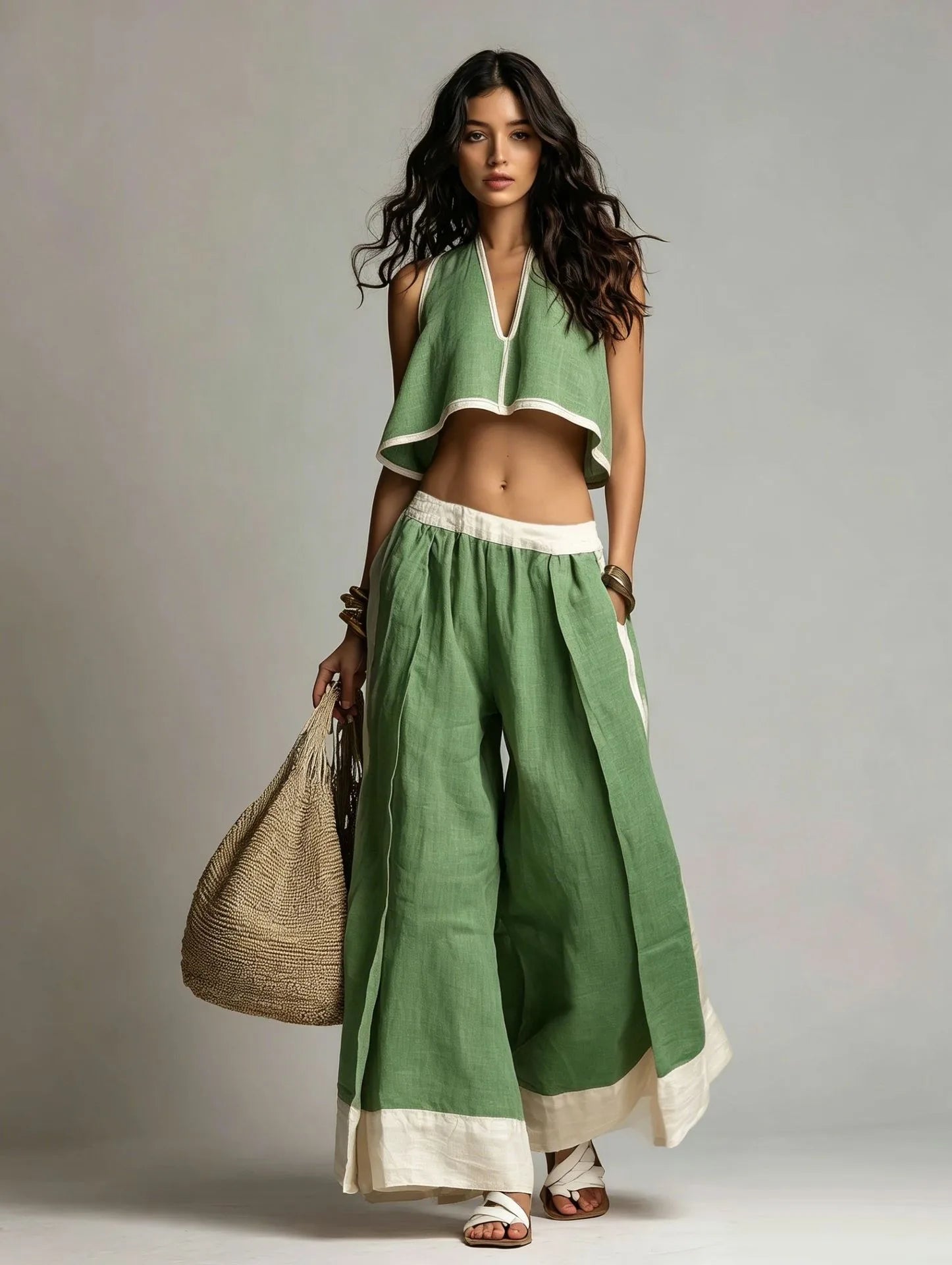 Women’s Summer V-Neck Sleeveless Crop Top & Wide Leg Pants Set – Cotton Linen 2-Piece Vacation Outfit