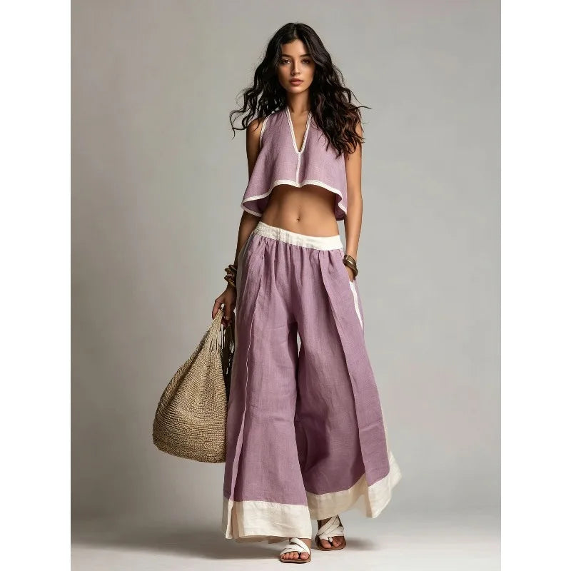 Women’s Summer V-Neck Sleeveless Crop Top & Wide Leg Pants Set – Cotton Linen 2-Piece Vacation Outfit
