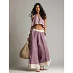 Women’s Summer V-Neck Sleeveless Crop Top & Wide Leg Pants Set – Cotton Linen 2-Piece Vacation Outfit