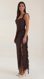 Women’s Ruffled Maxi Dress – Susan Square Neck High Slit Elegant Evening Gown