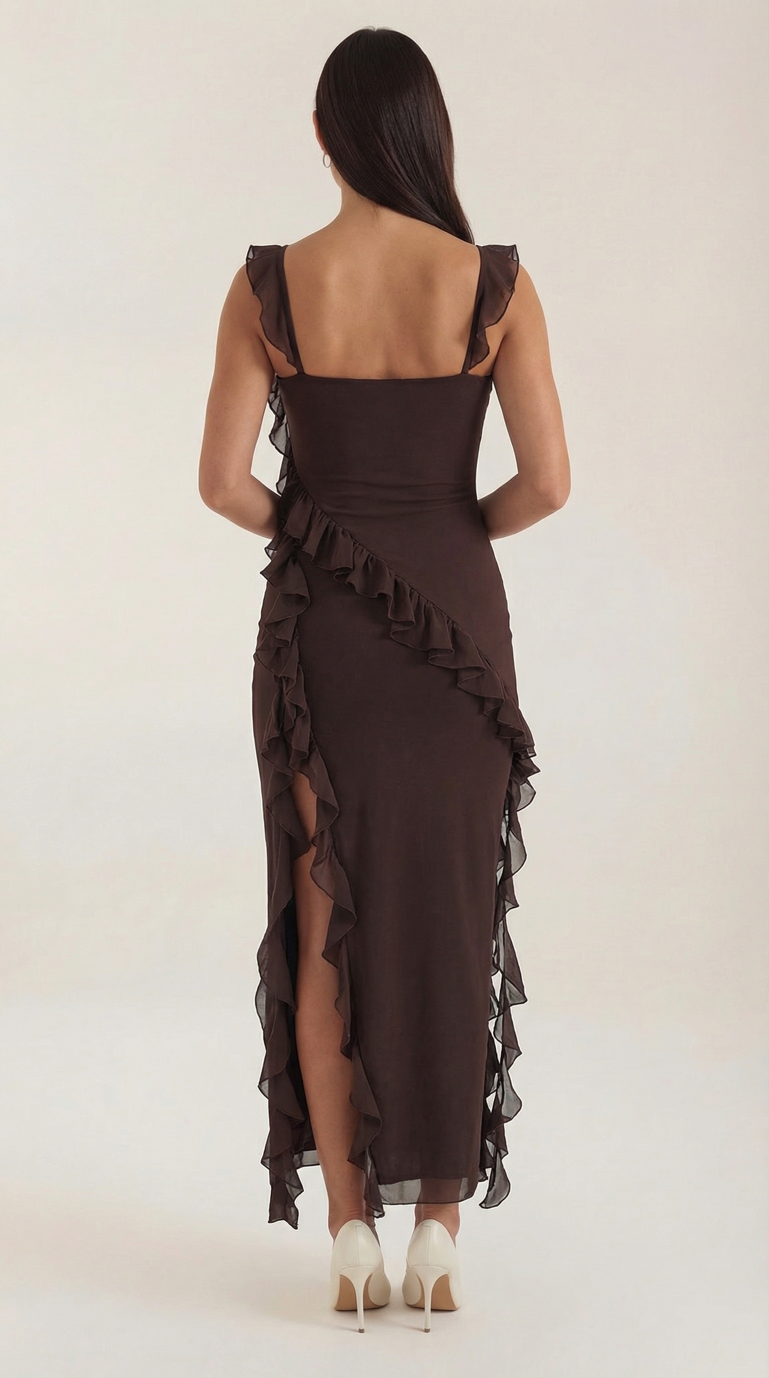 Women’s Ruffled Maxi Dress – Susan Square Neck High Slit Elegant Evening Gown
