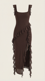 Women’s Ruffled Maxi Dress – Susan Square Neck High Slit Elegant Evening Gown