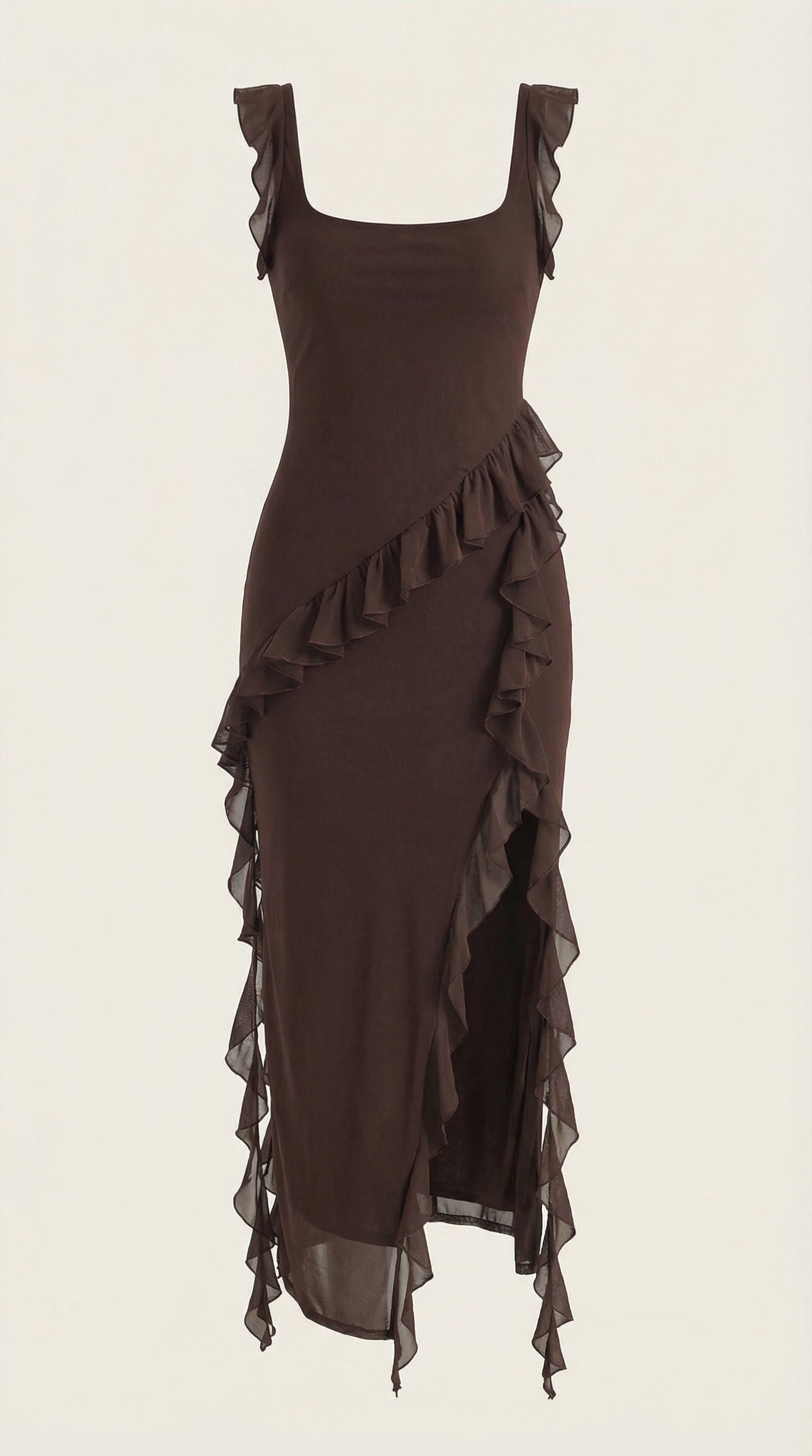 Women’s Ruffled Maxi Dress – Susan Square Neck High Slit Elegant Evening Gown