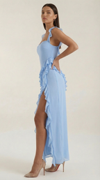 Women’s Ruffled Maxi Dress – Susan Square Neck High Slit Elegant Evening Gown