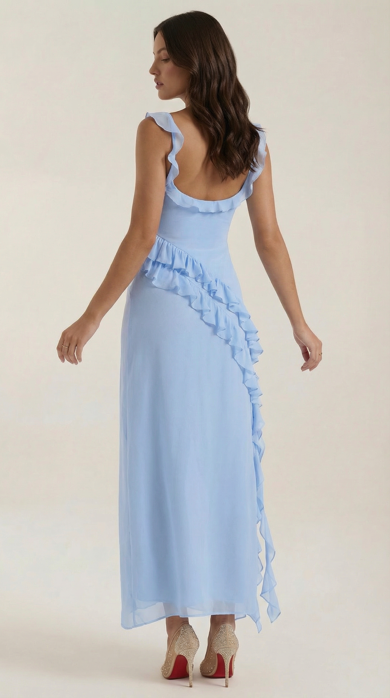 Women’s Ruffled Maxi Dress – Susan Square Neck High Slit Elegant Evening Gown