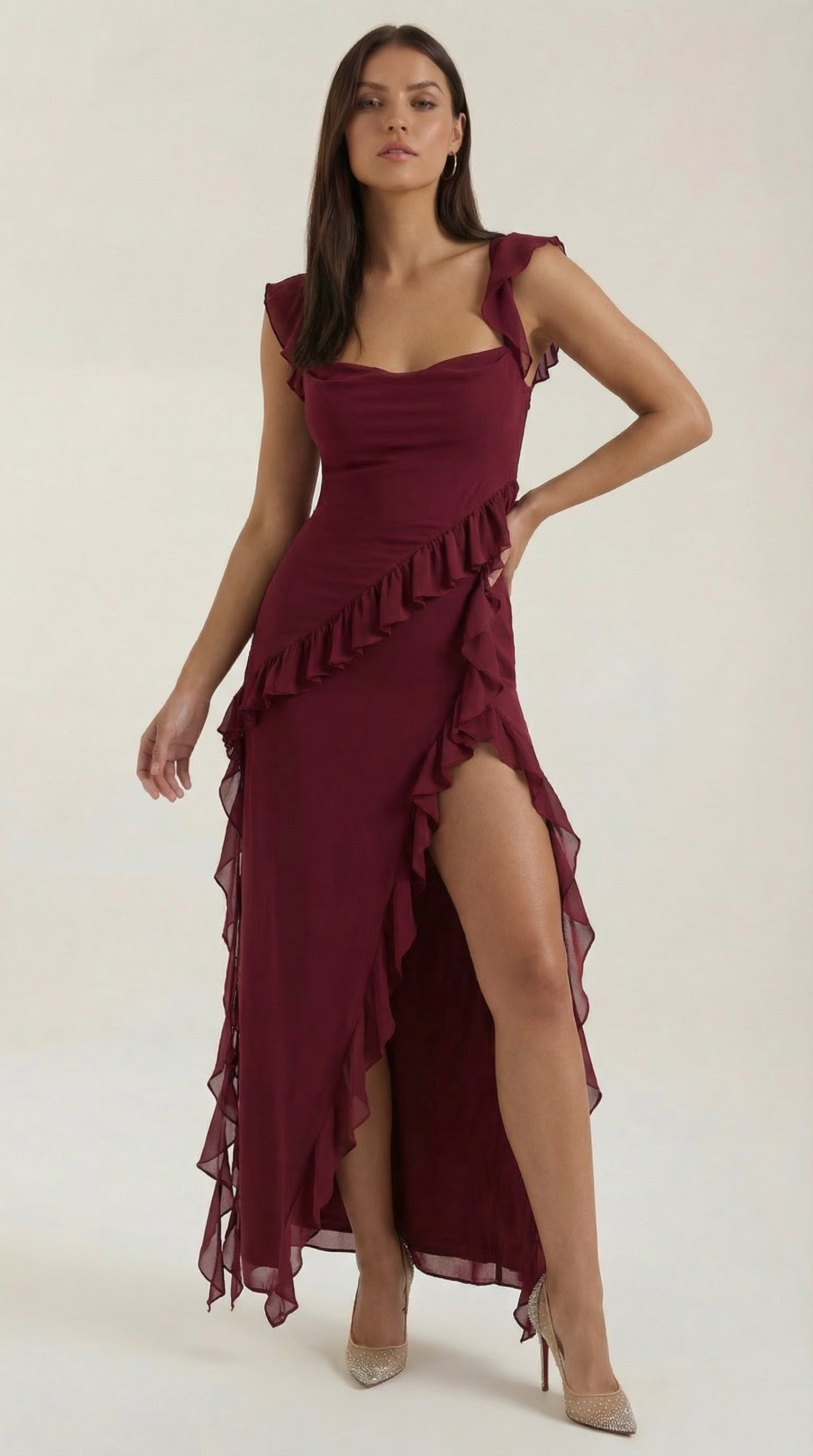 Women’s Ruffled Maxi Dress – Susan Square Neck High Slit Elegant Evening Gown