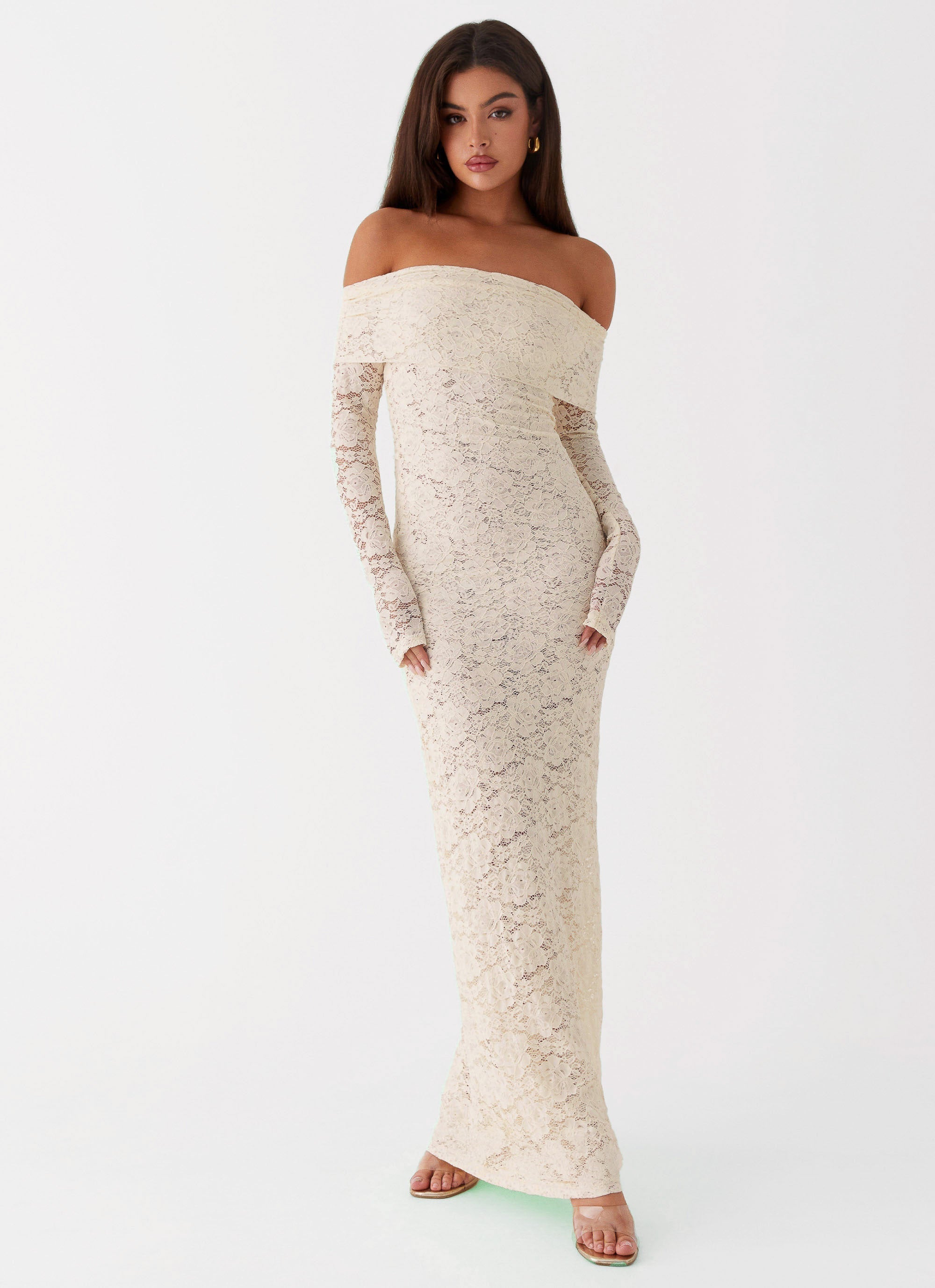 Timeless Elegance | Long Sleeve Maxi Dress with Off-the-Shoulder Neckline | Romantic Lace Design for Special Occasions - Women's