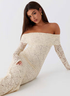 Timeless Elegance | Long Sleeve Maxi Dress with Off-the-Shoulder Neckline | Romantic Lace Design for Special Occasions - Women's