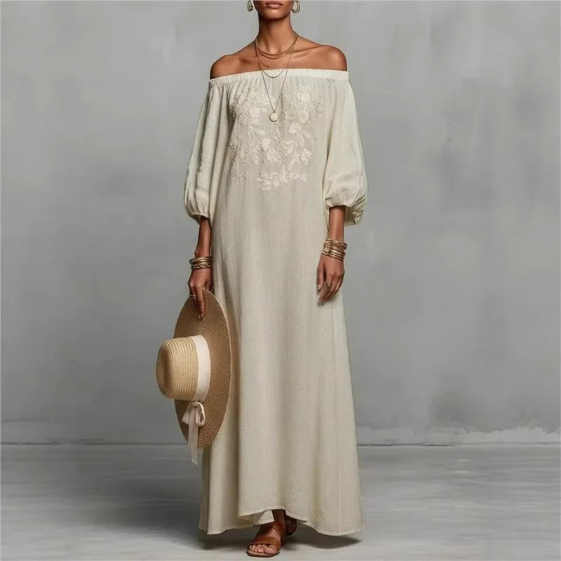 Women’s One-Shoulder Linen Bohemian Maxi Dress – Elegant Backless Vacation Party Dress with Long Sleeves