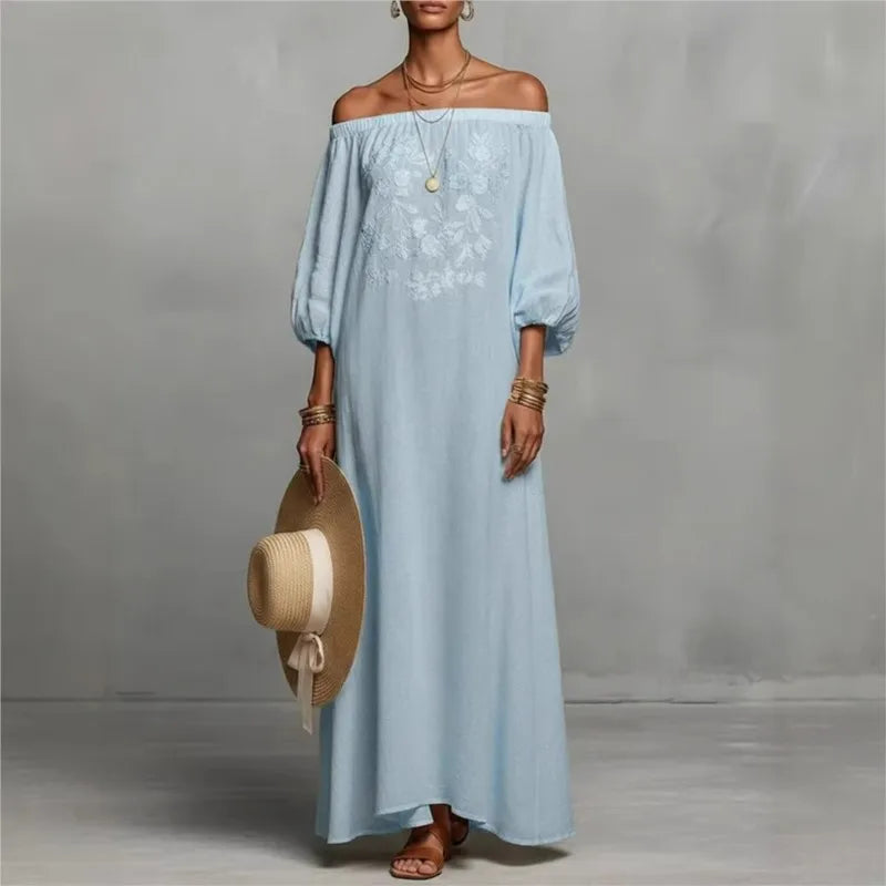 Women’s One-Shoulder Linen Bohemian Maxi Dress – Elegant Backless Vacation Party Dress with Long Sleeves