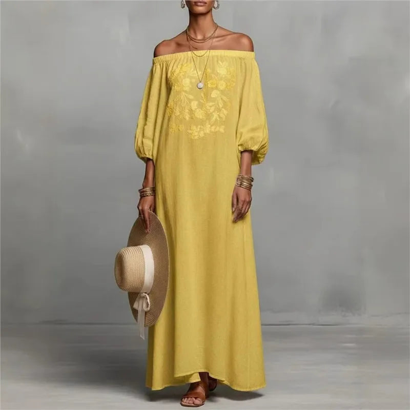 Women’s One-Shoulder Linen Bohemian Maxi Dress – Elegant Backless Vacation Party Dress with Long Sleeves