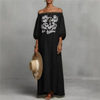 Women’s One-Shoulder Linen Bohemian Maxi Dress – Elegant Backless Vacation Party Dress with Long Sleeves