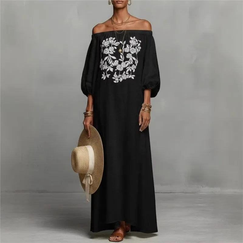 Women’s One-Shoulder Linen Bohemian Maxi Dress – Elegant Backless Vacation Party Dress with Long Sleeves