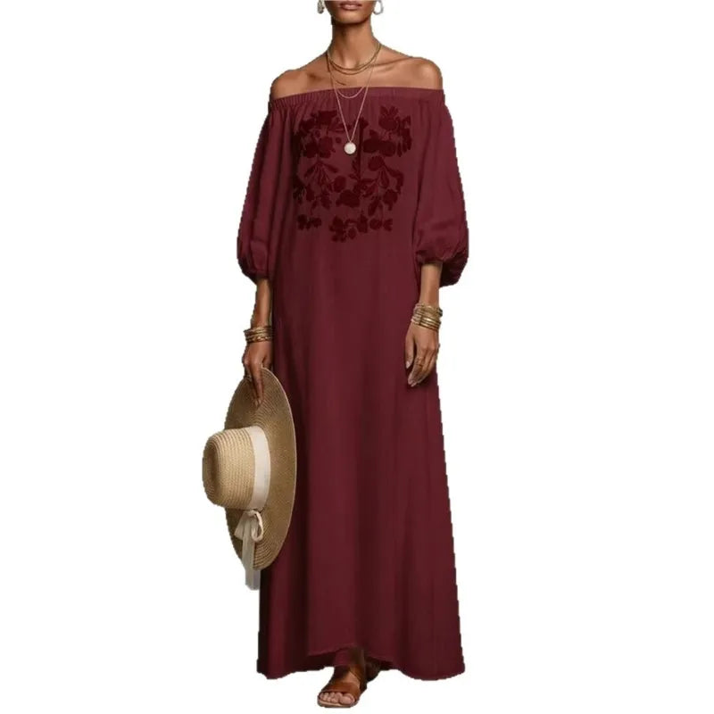 Women’s One-Shoulder Linen Bohemian Maxi Dress – Elegant Backless Vacation Party Dress with Long Sleeves