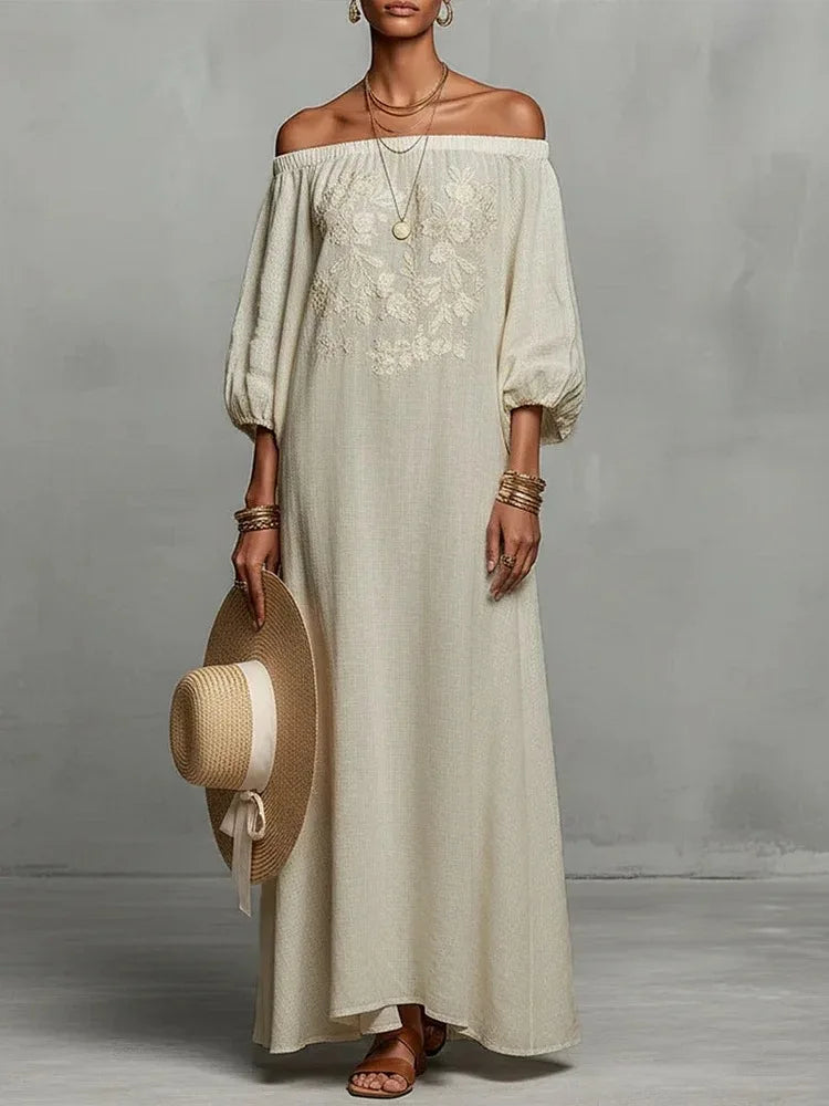 Women’s One-Shoulder Linen Bohemian Maxi Dress – Elegant Backless Vacation Party Dress with Long Sleeves