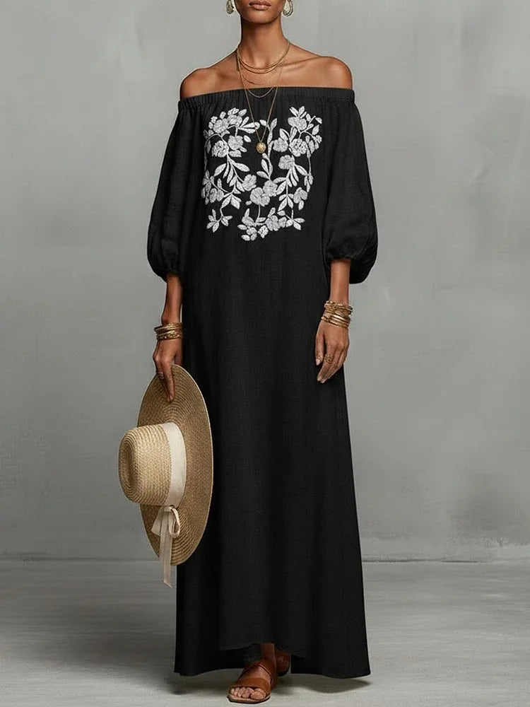 Women’s One-Shoulder Linen Bohemian Maxi Dress – Elegant Backless Vacation Party Dress with Long Sleeves