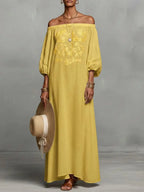 Women’s One-Shoulder Linen Bohemian Maxi Dress – Elegant Backless Vacation Party Dress with Long Sleeves