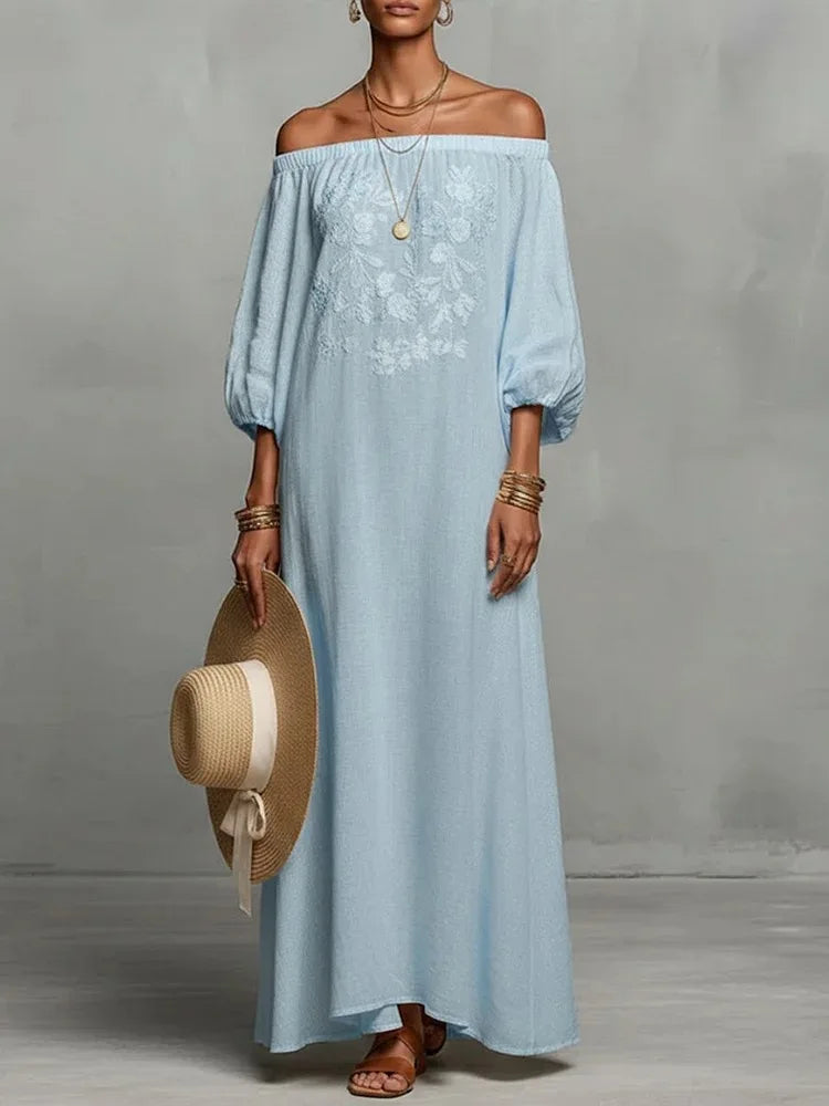 Women’s One-Shoulder Linen Bohemian Maxi Dress – Elegant Backless Vacation Party Dress with Long Sleeves