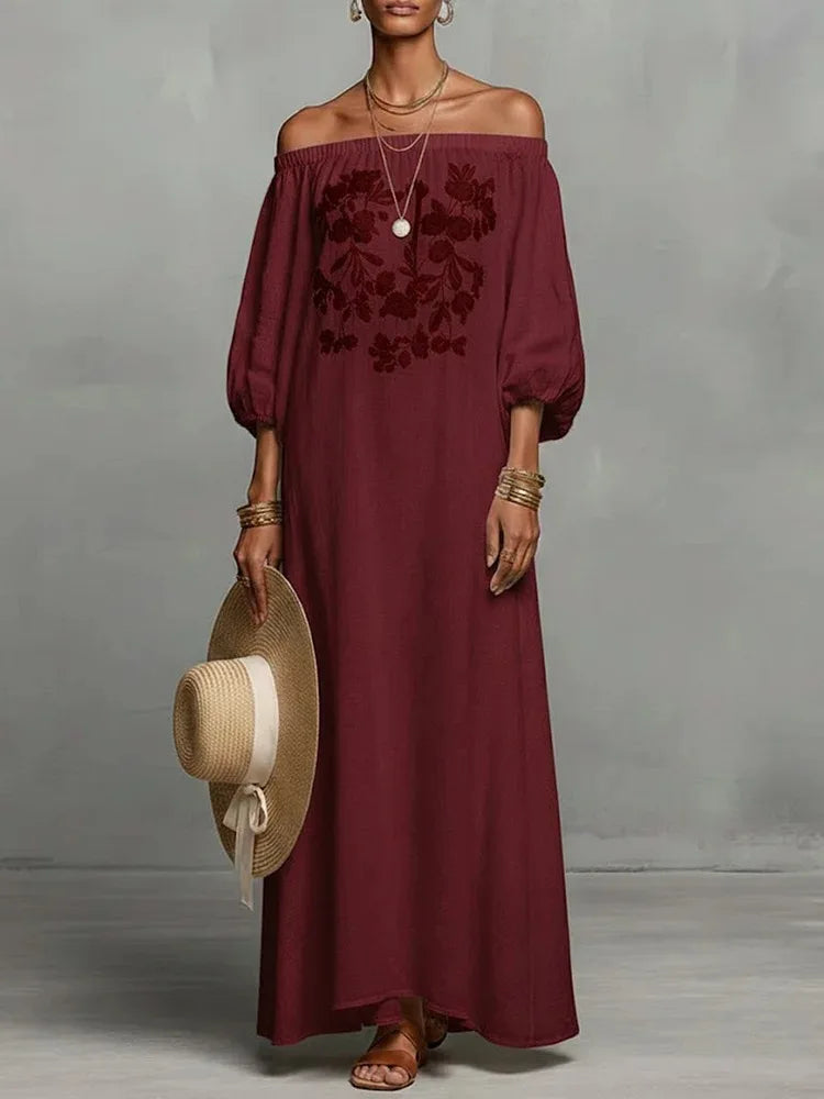 Women’s One-Shoulder Linen Bohemian Maxi Dress – Elegant Backless Vacation Party Dress with Long Sleeves