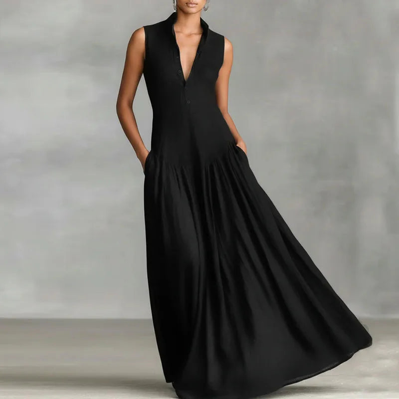 Women’s Sexy V-Neck Button Ruched Maxi Dress – Sleeveless Swing Evening Dress 2026 Spring Summer