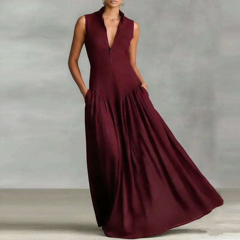 Women’s Sexy V-Neck Button Ruched Maxi Dress – Sleeveless Swing Evening Dress 2026 Spring Summer