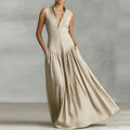 Women’s Sexy V-Neck Button Ruched Maxi Dress – Sleeveless Swing Evening Dress 2026 Spring Summer
