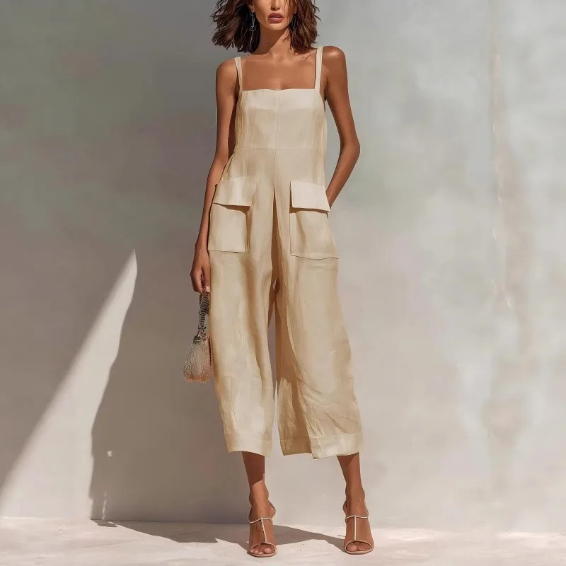 Women’s Vintage Cotton Linen Suspender Jumpsuit – Loose Fit Sleeveless Backless Cropped Summer Overalls