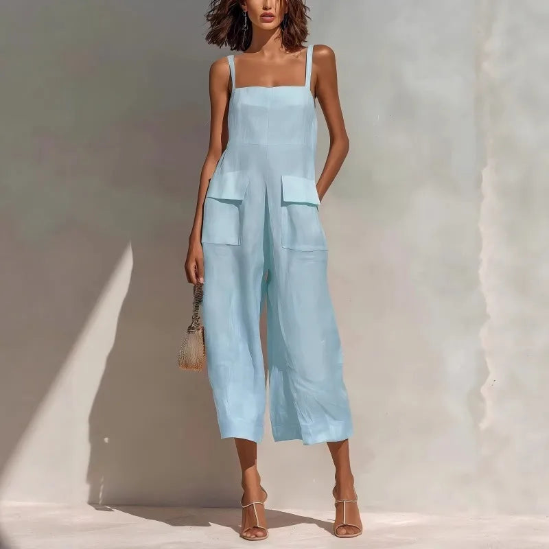 Women’s Vintage Cotton Linen Suspender Jumpsuit – Loose Fit Sleeveless Backless Cropped Summer Overalls