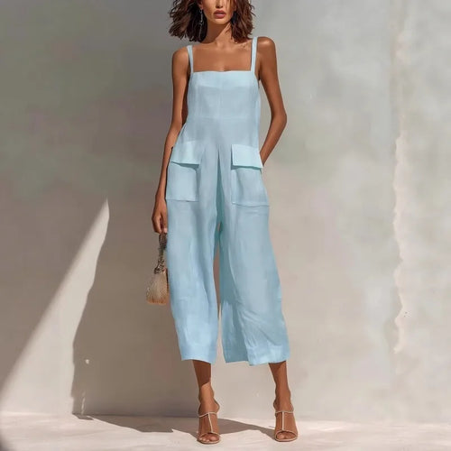 Cotton Linen Suspender Jumpsuit with Cropped Wide Leg