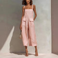 Women’s Vintage Cotton Linen Suspender Jumpsuit – Loose Fit Sleeveless Backless Cropped Summer Overalls