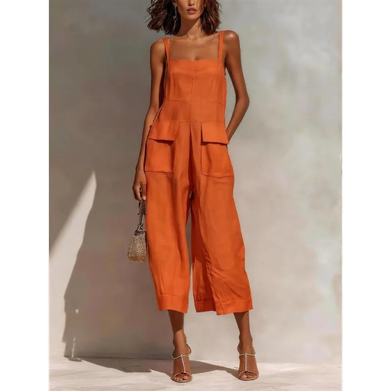 Women’s Vintage Cotton Linen Suspender Jumpsuit – Loose Fit Sleeveless Backless Cropped Summer Overalls