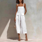 Women’s Vintage Cotton Linen Suspender Jumpsuit – Loose Fit Sleeveless Backless Cropped Summer Overalls