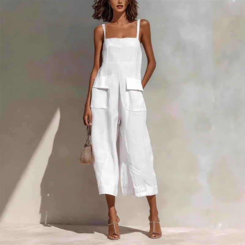Women’s Vintage Cotton Linen Suspender Jumpsuit – Loose Fit Sleeveless Backless Cropped Summer Overalls