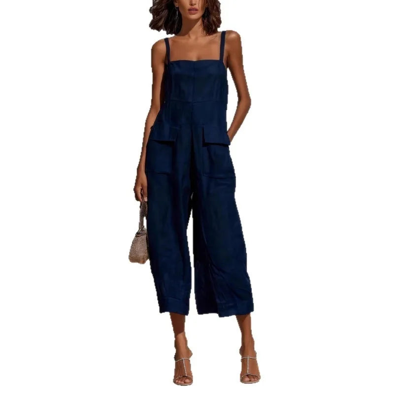 Women’s Vintage Cotton Linen Suspender Jumpsuit – Loose Fit Sleeveless Backless Cropped Summer Overalls
