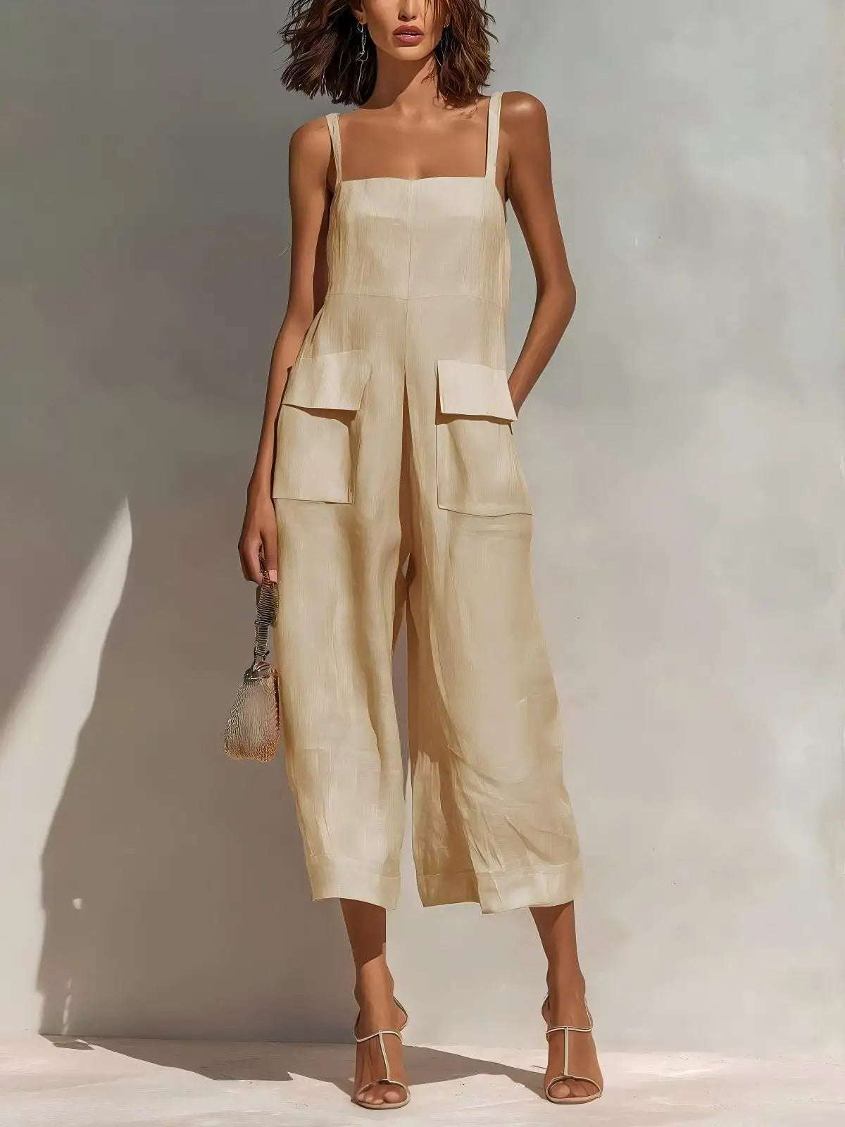 Women’s Vintage Cotton Linen Suspender Jumpsuit – Loose Fit Sleeveless Backless Cropped Summer Overalls