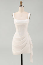 White Bodycon Mini Dress with Ruffle, Party Dress