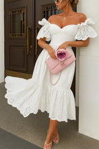 White Eyelet Midi Dress, Off Shoulder Puff Sleeve