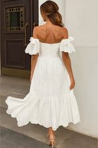 White Eyelet Midi Dress, Off Shoulder Puff Sleeve